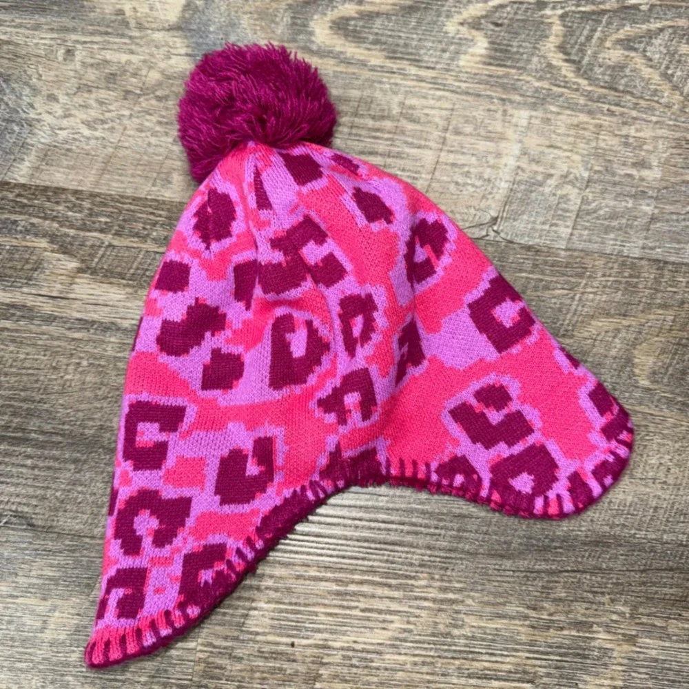 The North Face Littles Faroe Beanie Toddler 4T 5T Pink Leopard Pom Fleece Hat